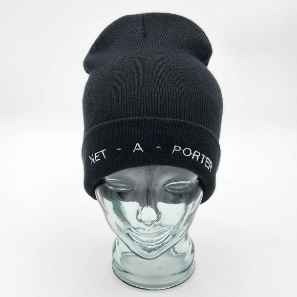 Net A Porter Logo Embroidered Black Beanie Hat - Picture 3 of 5